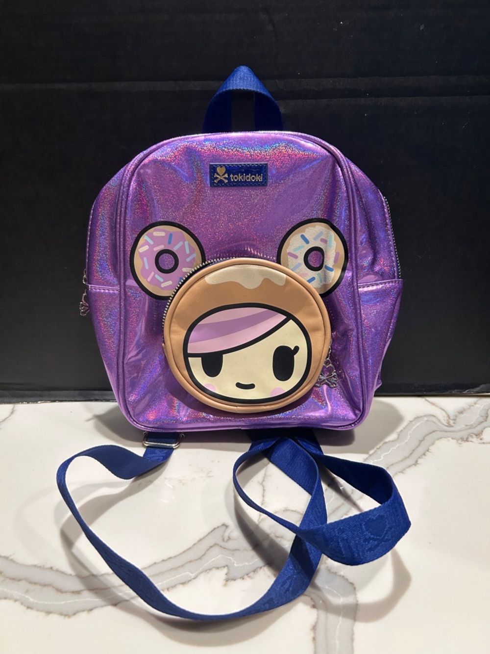 TOKIDOKI Purple Holographic Donutella  Backpack with Blue Straps
